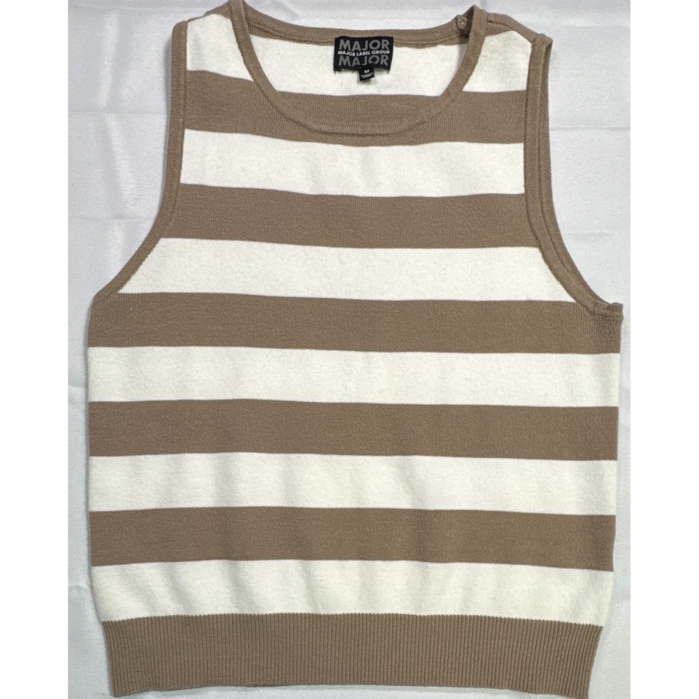 Major Label Group Women's M Tan Ivory Striped Sweater Vest Knit Sleeveless Top